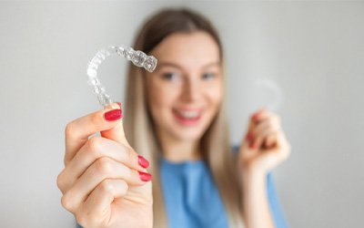 Smiling woman holding an aligner for Invisalign in Wayland, MA